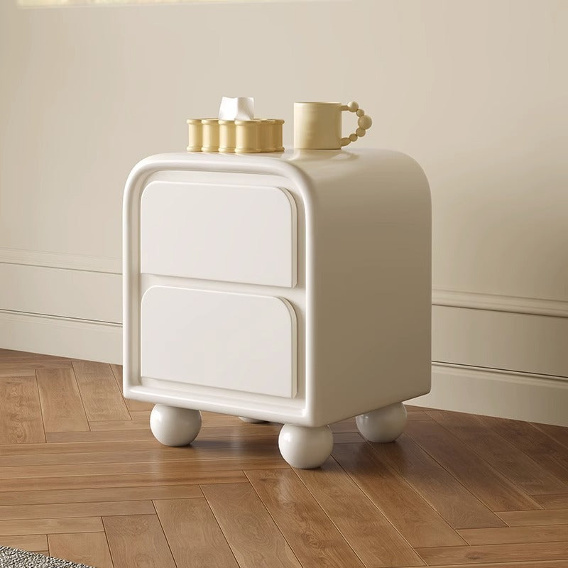 Minimalist solid ball-base wood nightstands in wood glass