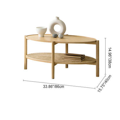 Japanese Oval Wooden Rattan Coffee Table 2-Tier