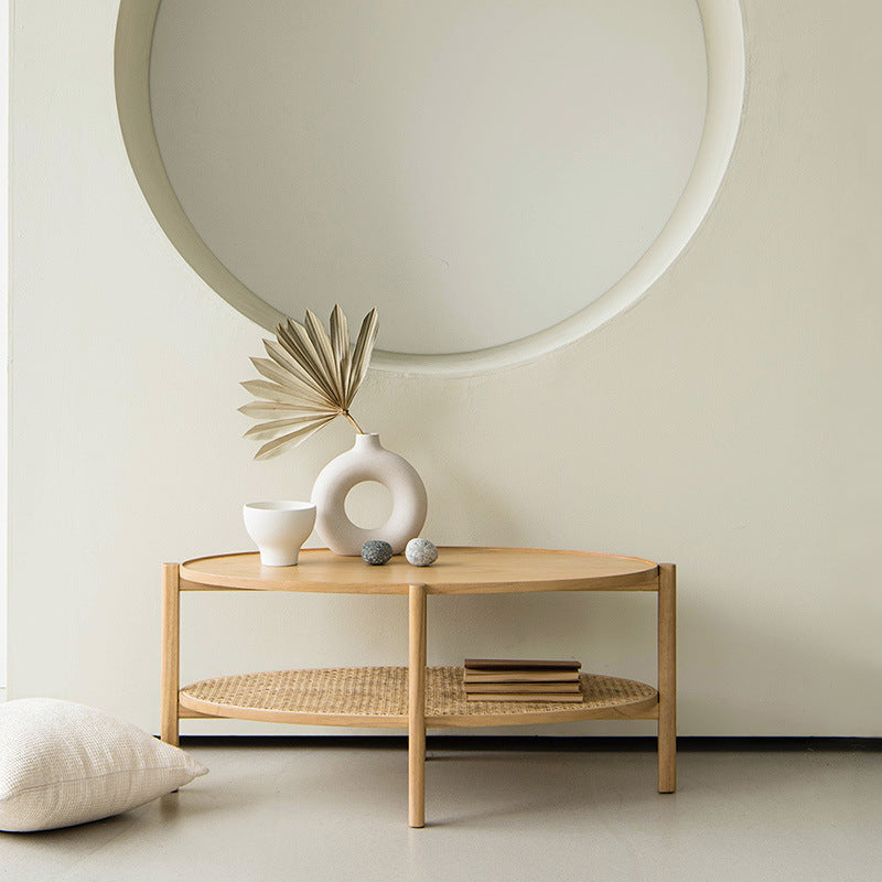 Traditional wooden oval coffee tables in rattan linen wood