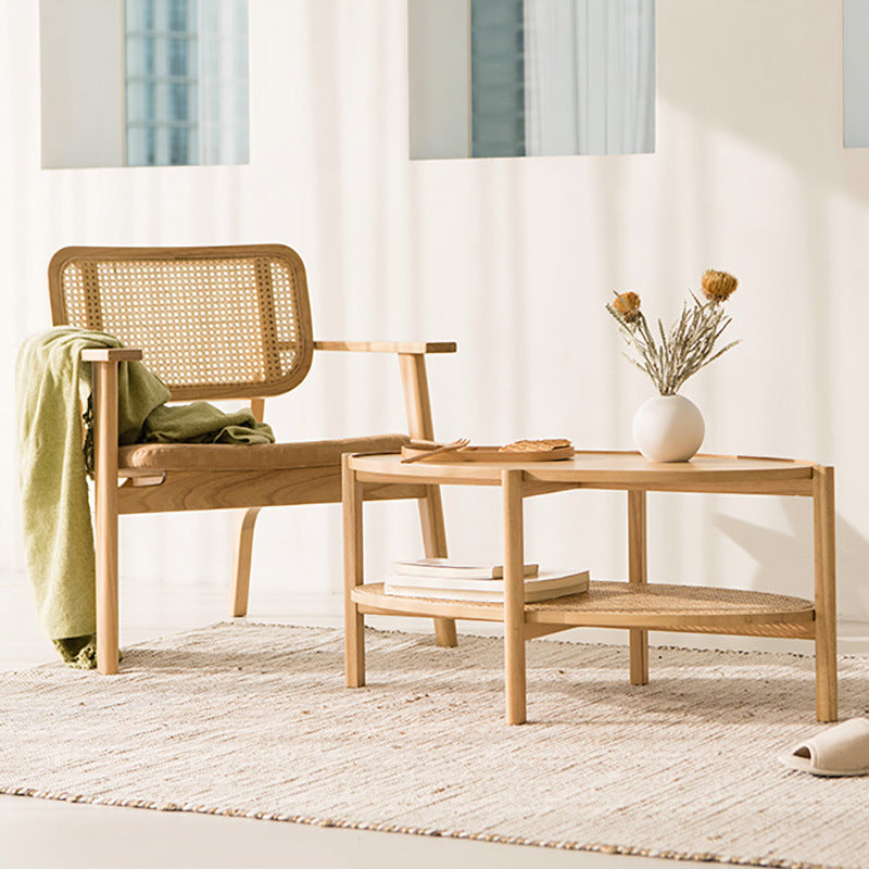 Japanese Oval Wooden Rattan Coffee Table 2-Tier