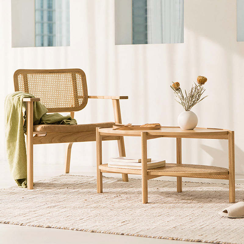 Japanese Oval Wooden Rattan Coffee Table 2-Tier