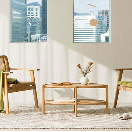 Japanese Oval Wooden Rattan Coffee Table 2-Tier