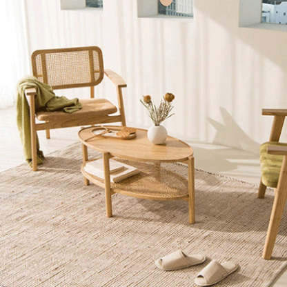 Japanese Oval Wooden Rattan Coffee Table 2-Tier