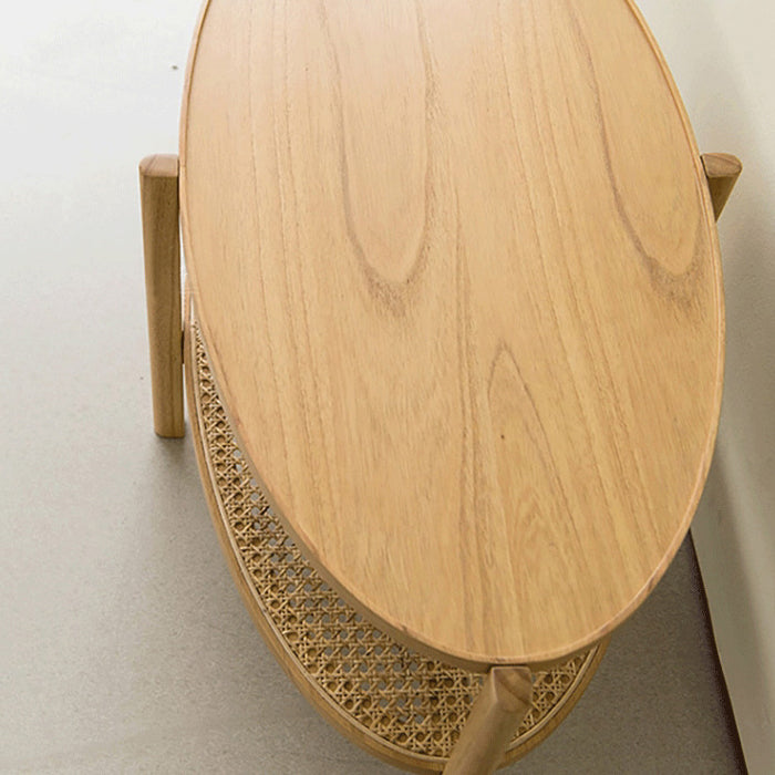 Japanese Oval Wooden Rattan Coffee Table 2-Tier