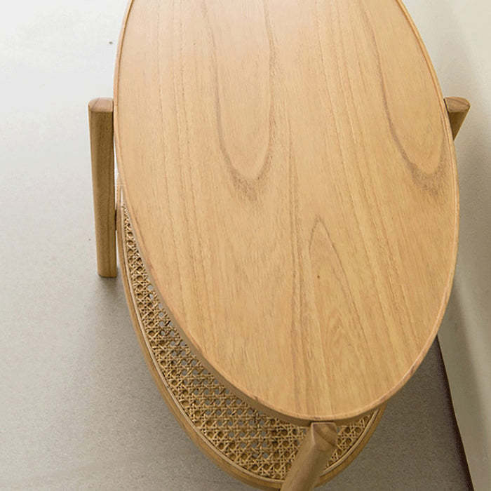 Japanese Oval Wooden Rattan Coffee Table 2-Tier