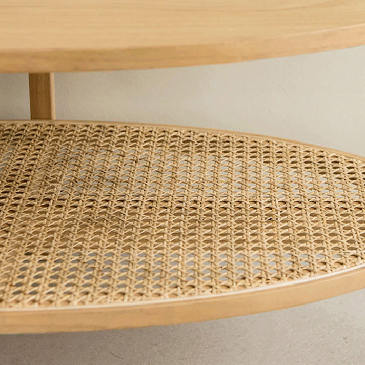 Japanese Oval Wooden Rattan Coffee Table 2-Tier