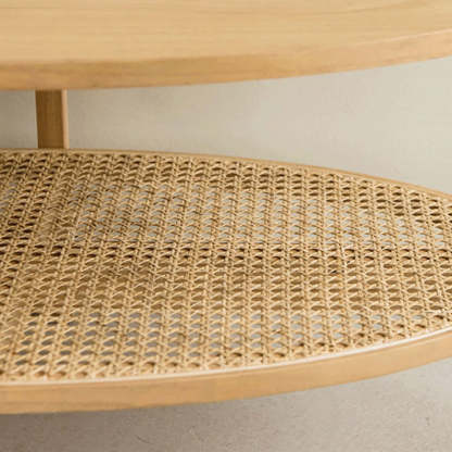 Japanese Oval Wooden Rattan Coffee Table 2-Tier