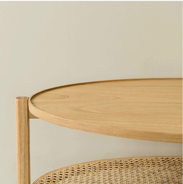 Japanese Oval Wooden Rattan Coffee Table 2-Tier