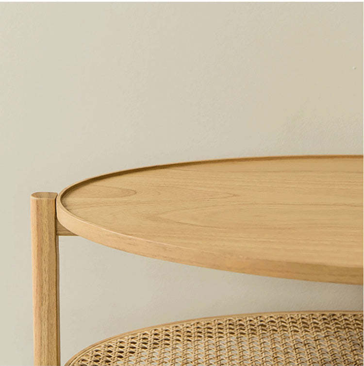 Japanese Oval Wooden Rattan Coffee Table 2-Tier