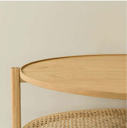 Japanese Oval Wooden Rattan Coffee Table 2-Tier