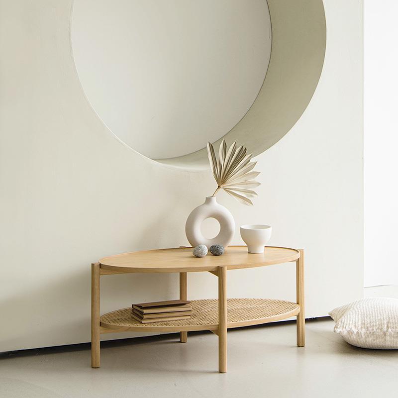 Japanese Oval Wooden Rattan Coffee Table 2-Tier