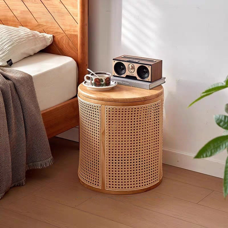 Japanese Cylinder Wood Rattan End Table