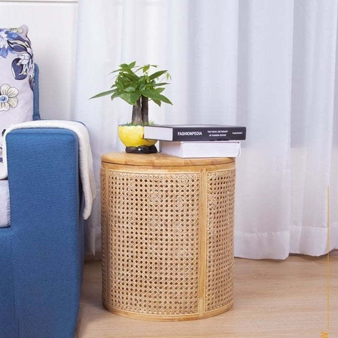 Traditional end cylinder end & side tables in rattan — Natural Wood