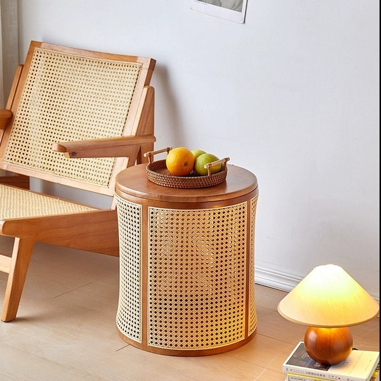Japanese Cylinder Wood Rattan End Table — Wood Color