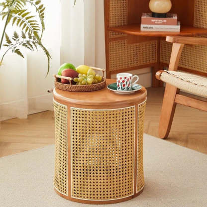Japanese Cylinder Wood Rattan End Table — Cherry Wood Color