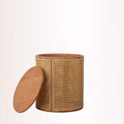 Japanese Cylinder Wood Rattan End Table