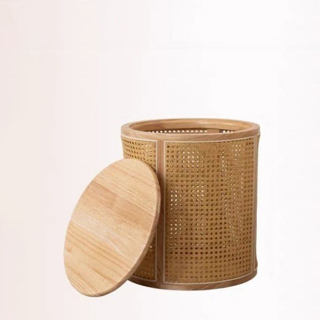 Japanese Cylinder Wood Rattan End Table