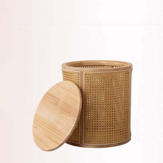 Japanese Cylinder Wood Rattan End Table