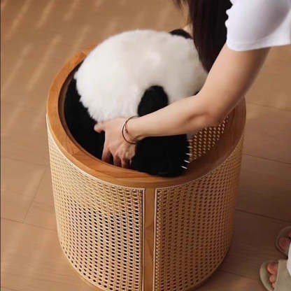 Japanese Cylinder Wood Rattan End Table