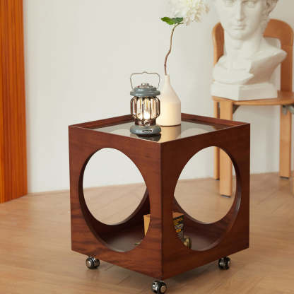Minimalist Glass Wood 2-Tier End Table — Brown