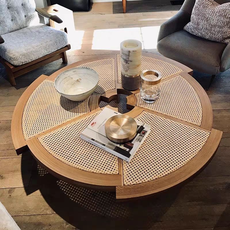 Japanese Round Rattan Wood Coffee Table