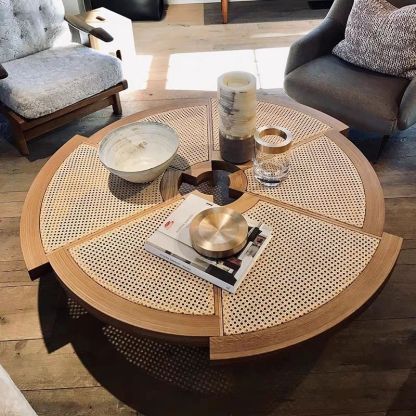 Japanese Round Rattan Wood Coffee Table