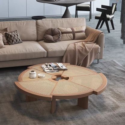 Japanese Round Rattan Wood Coffee Table