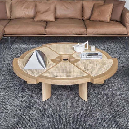 Japanese Round Rattan Wood Coffee Table