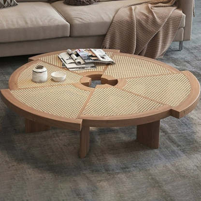 Japanese Round Rattan Wood Coffee Table — Original Wood Color