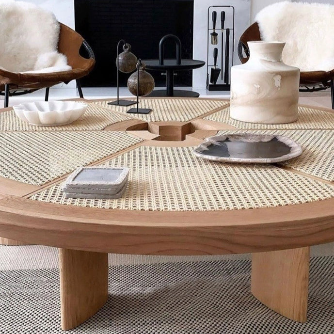 Japanese Round Rattan Wood Coffee Table