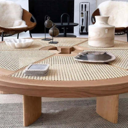 Japanese Round Rattan Wood Coffee Table
