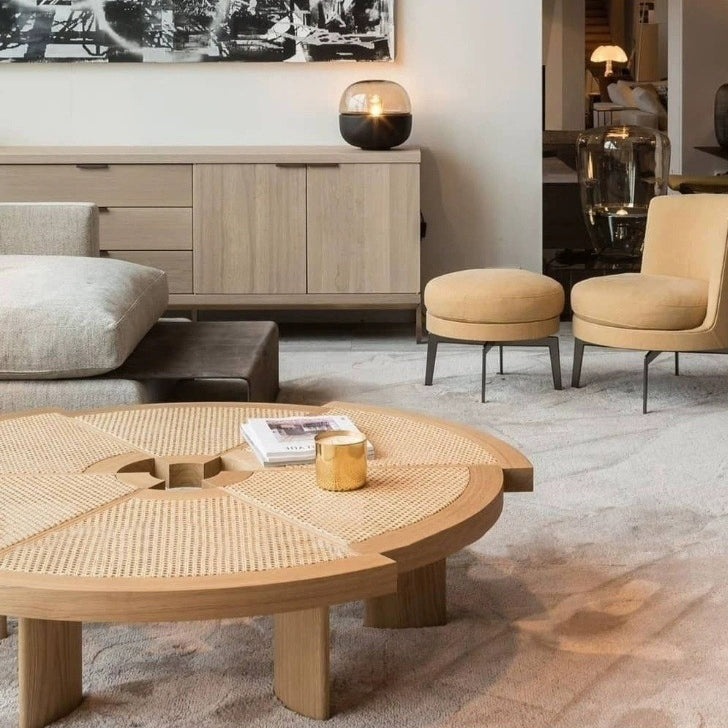 Japanese Round Rattan Wood Coffee Table