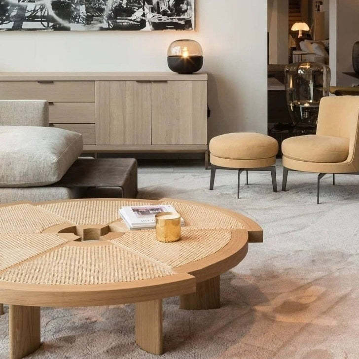 Japanese Round Rattan Wood Coffee Table