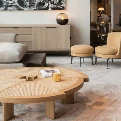 Japanese Round Rattan Wood Coffee Table