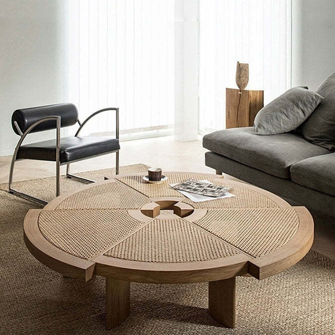 Japanese Round Rattan Wood Coffee Table