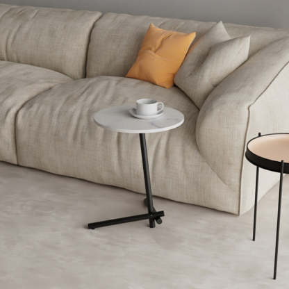 Scandinavian Round Rock Slab Iron 1-Tier Coffee Table — Black / Gray