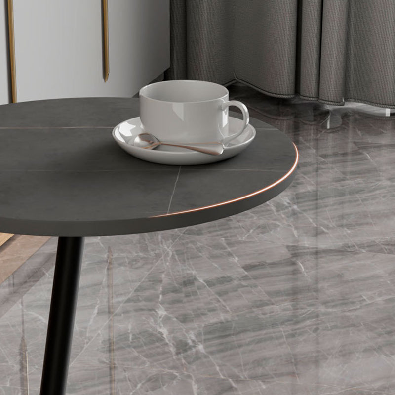 Scandinavian Round Rock Slab Iron 1-Tier Coffee Table — Black / White