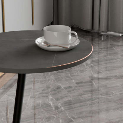 Scandinavian Round Rock Slab Iron 1-Tier Coffee Table — Black / White