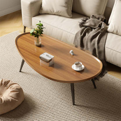 Japanese Oval Steel Wood Coffee Table — Cherry Wood Color
