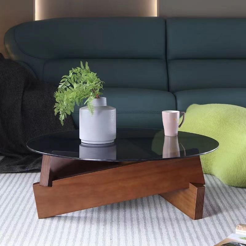 Scandinavian Glass Triangular Wood Coffee Table