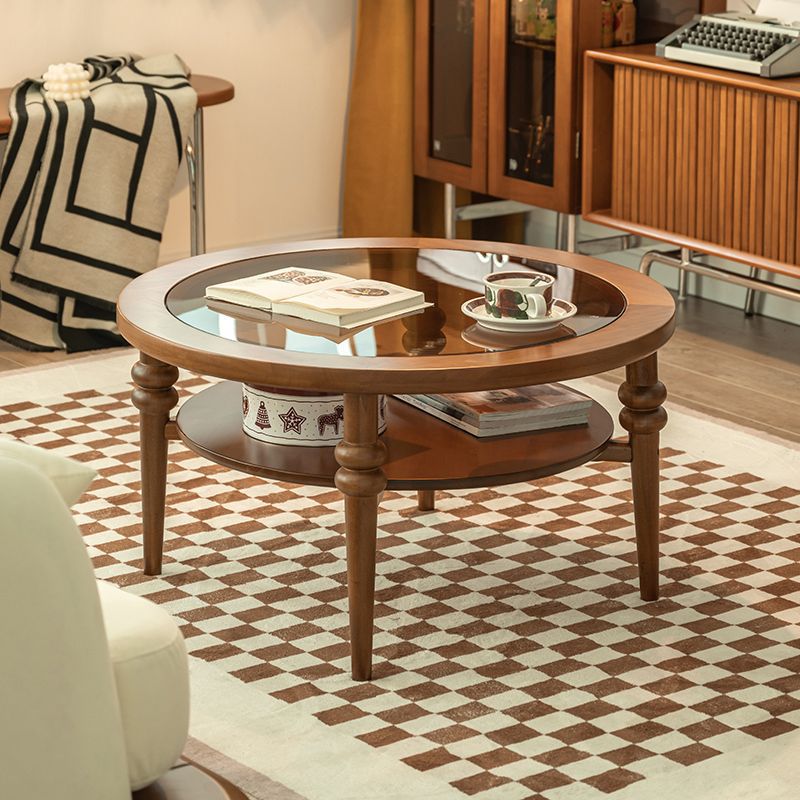 Vintage Wood Glass Coffee Table 2-Tier — Walnut Color
