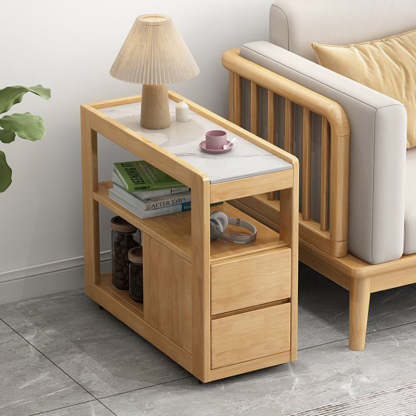 Japanese Rectangular Wood Rock Slab 2-Drawer End Table