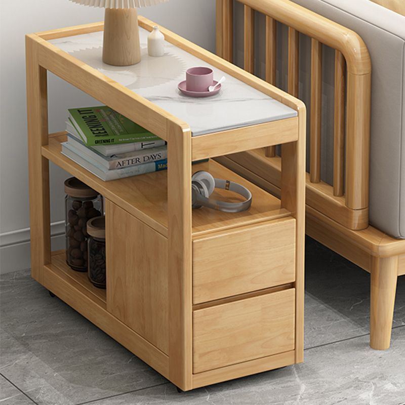Japanese Rectangular Wood Rock Slab 2-Drawer End Table — Wood Color