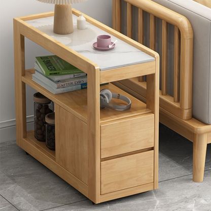 Japanese Rectangular Wood Rock Slab 2-Drawer End Table — Wood Color