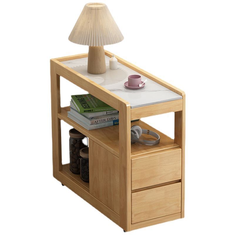 Japanese Rectangular Wood Rock Slab 2-Drawer End Table