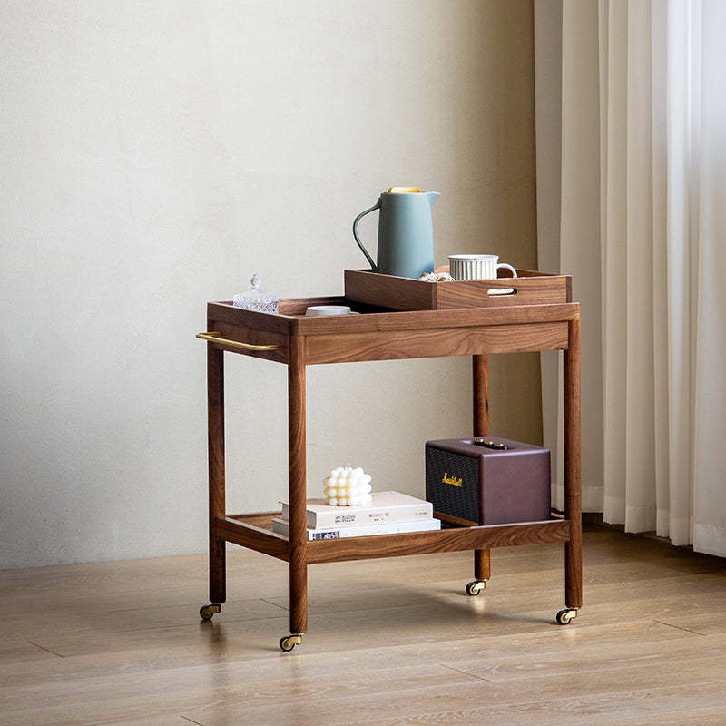 Japanese Rectangular Wood 2-Tier End Table — Walnut Color