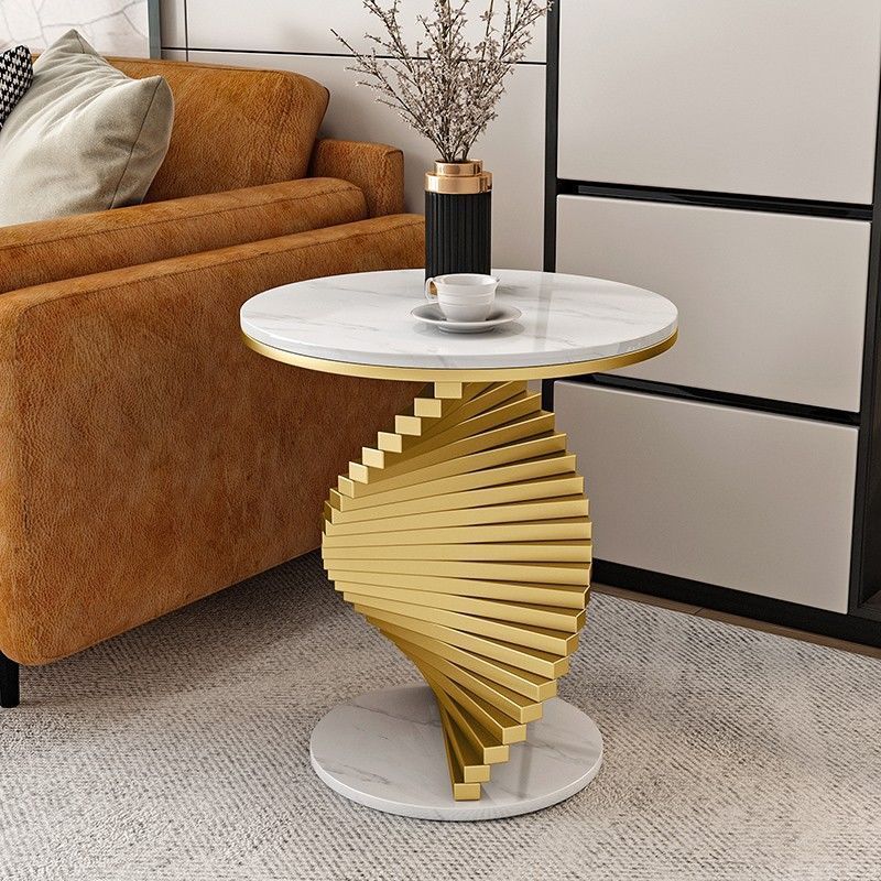 Contemporary Luxury Iron Marble 2-Tier Side Table — Gold & White
