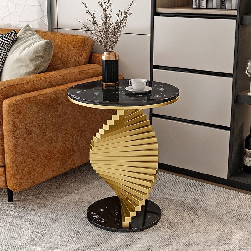 Contemporary Luxury Iron Marble 2-Tier Side Table