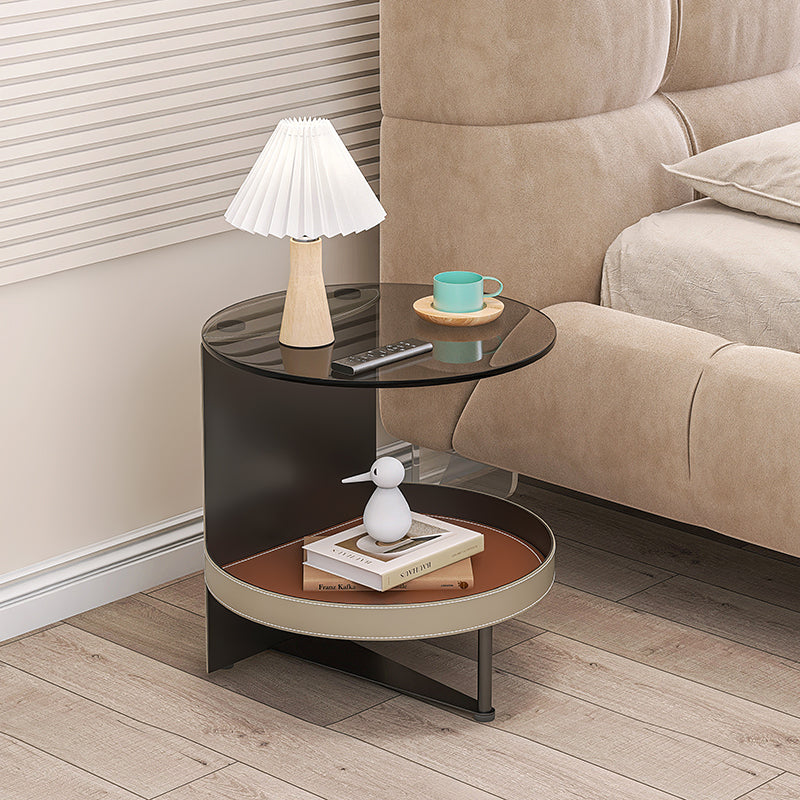 Nordic Iron Glass Leather 2-Tier End Table — Khaki & Orange