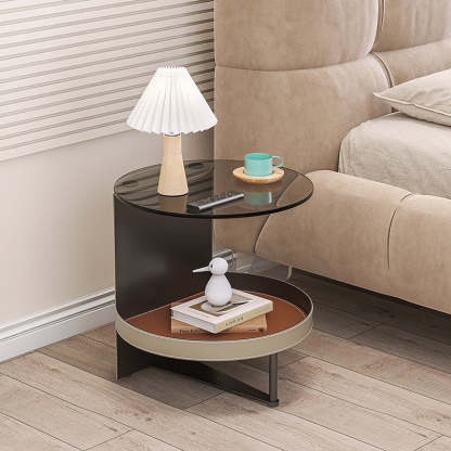 Nordic Iron Glass Leather 2-Tier End Table — Khaki & Orange